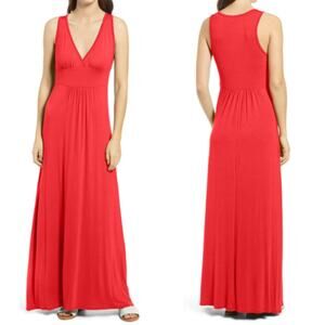 Loveappella | NWT Strawberry Pink Solid V-Neck Jersey Stretch Casual Maxi Dress